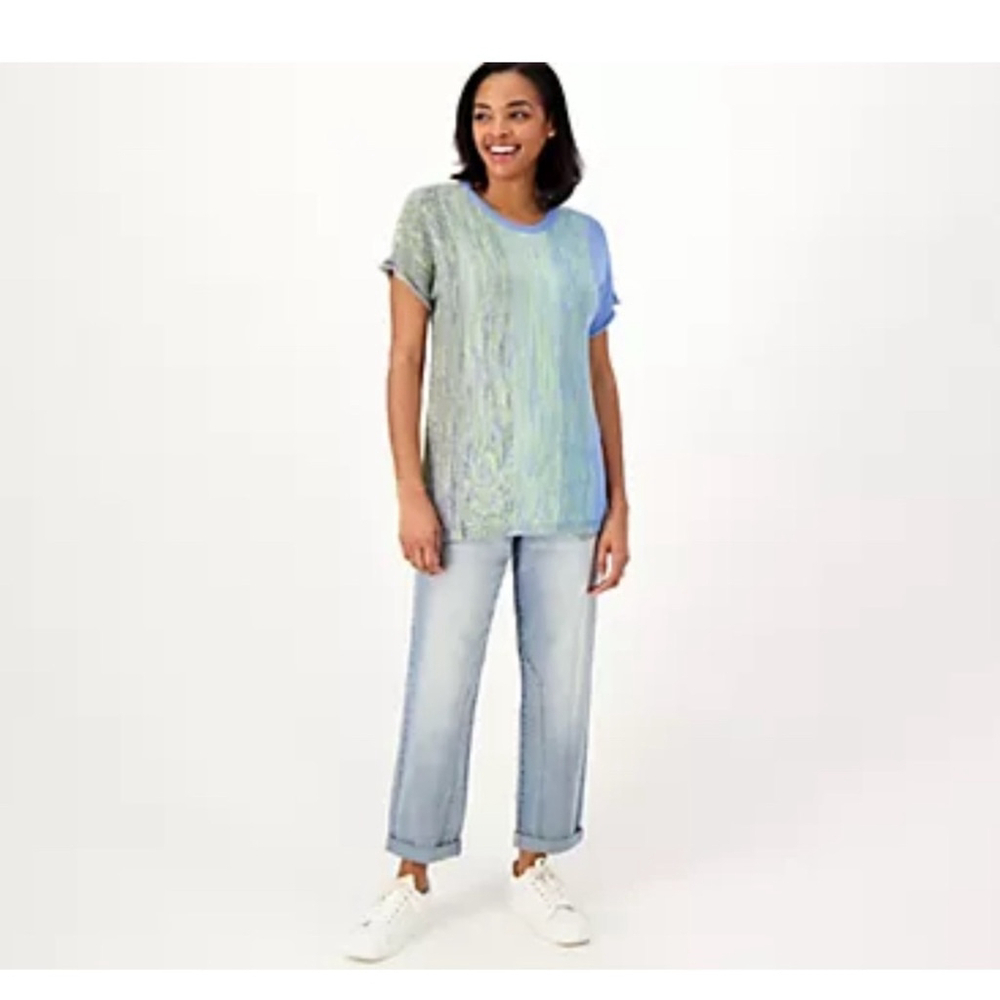 LOGO by Lori Goldstein Blue and Green Sweater Lightweight Classic Capsule